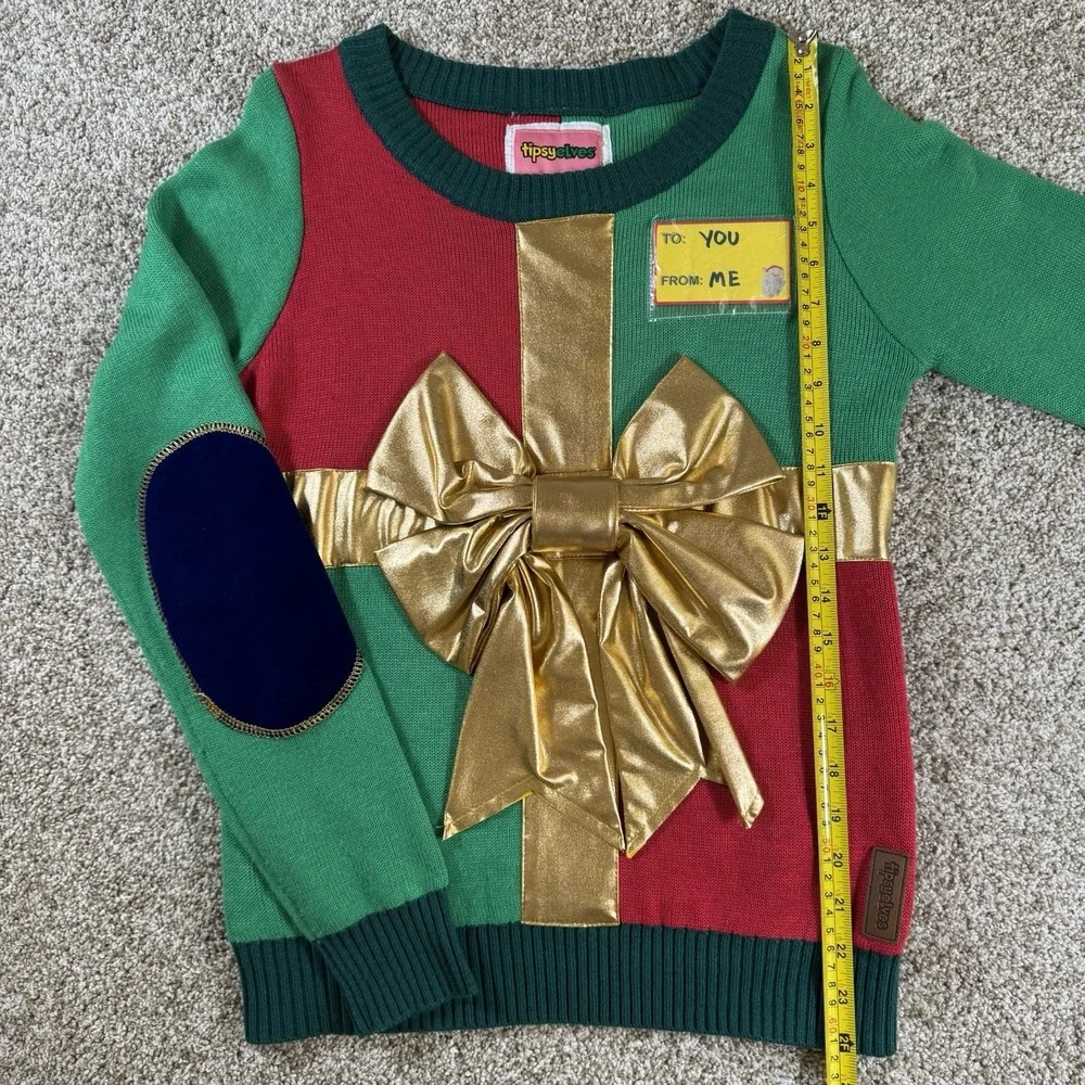 Tipsy Elves Ugly Christmas Sweater Present Gold Womens Pullover Size S